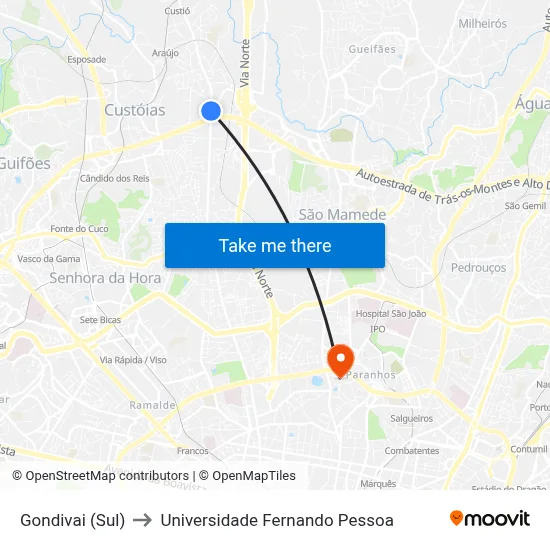 Gondivai (Sul) to Universidade Fernando Pessoa map