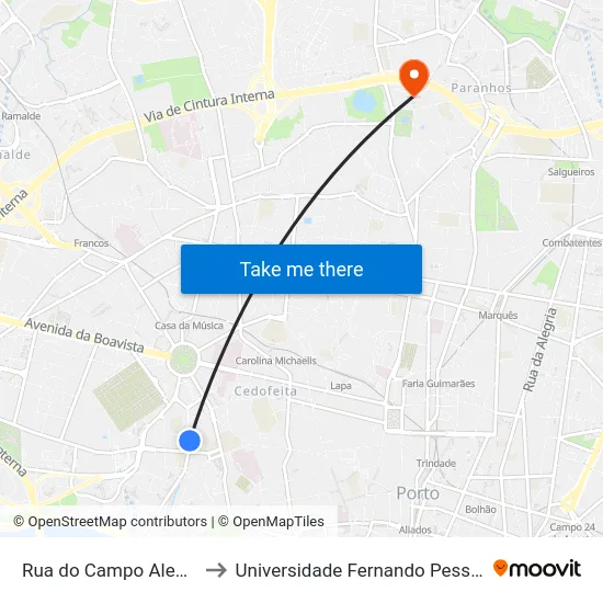 Rua do Campo Alegre to Universidade Fernando Pessoa map