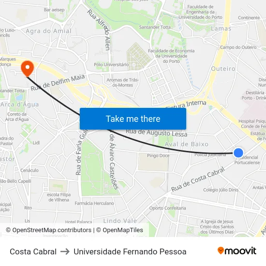 Costa Cabral to Universidade Fernando Pessoa map