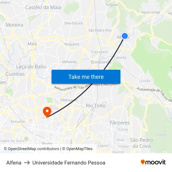 Alfena to Universidade Fernando Pessoa map
