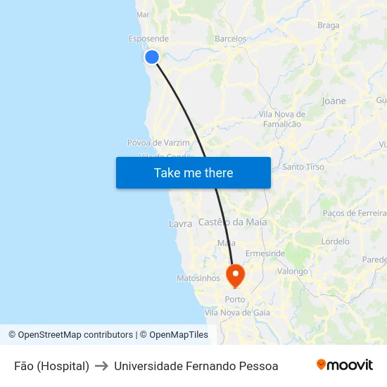 Fão (Hospital) to Universidade Fernando Pessoa map