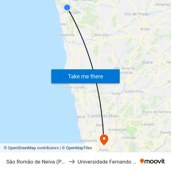 São Romão de Neiva (Pedreira) to Universidade Fernando Pessoa map