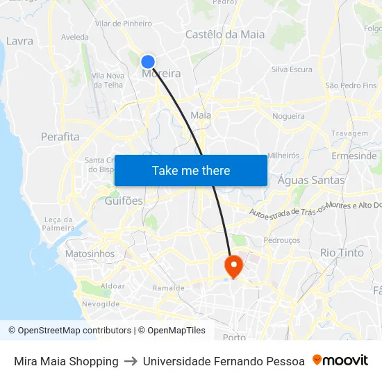 Mira Maia Shopping to Universidade Fernando Pessoa map