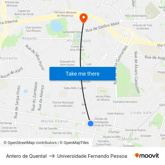 Antero de Quental to Universidade Fernando Pessoa map