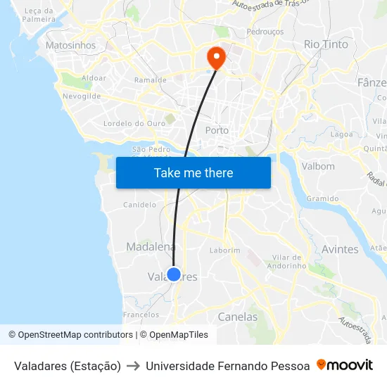 Valadares (Estação) to Universidade Fernando Pessoa map
