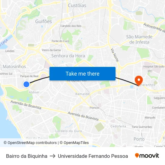 Bairro da Biquinha to Universidade Fernando Pessoa map