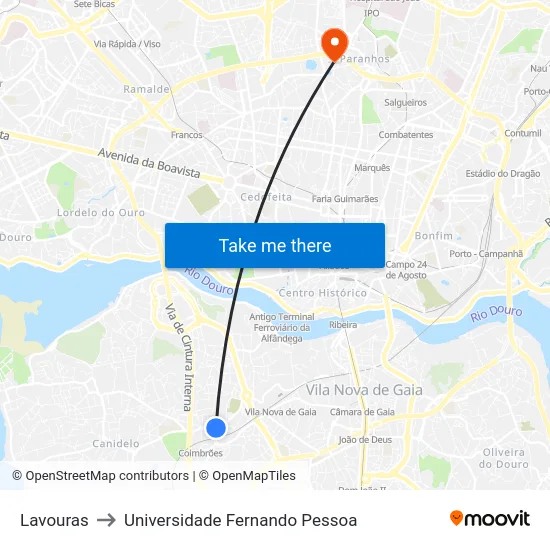 Lavouras to Universidade Fernando Pessoa map