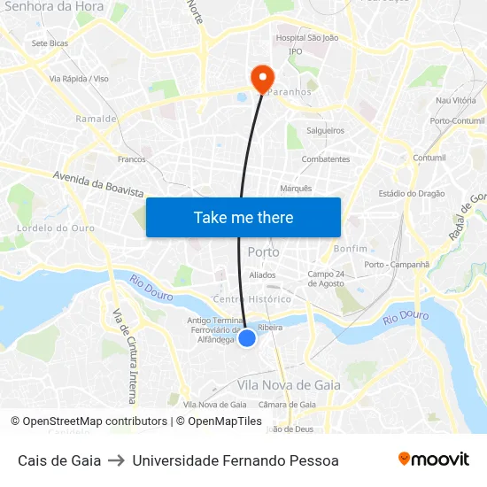 Cais de Gaia to Universidade Fernando Pessoa map