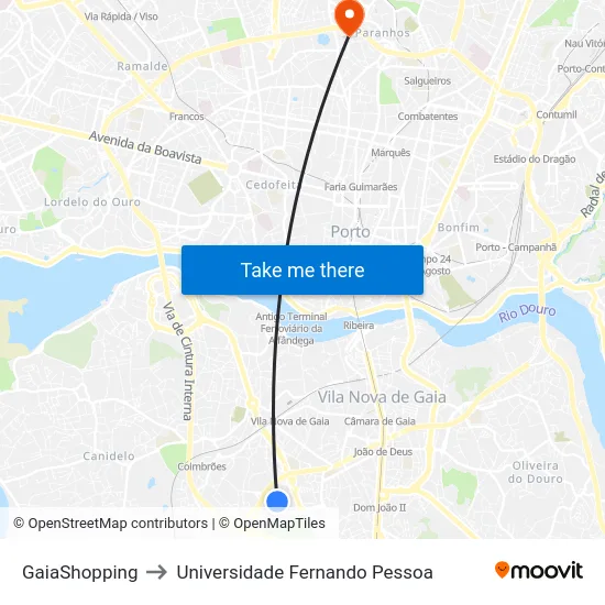 GaiaShopping to Universidade Fernando Pessoa map