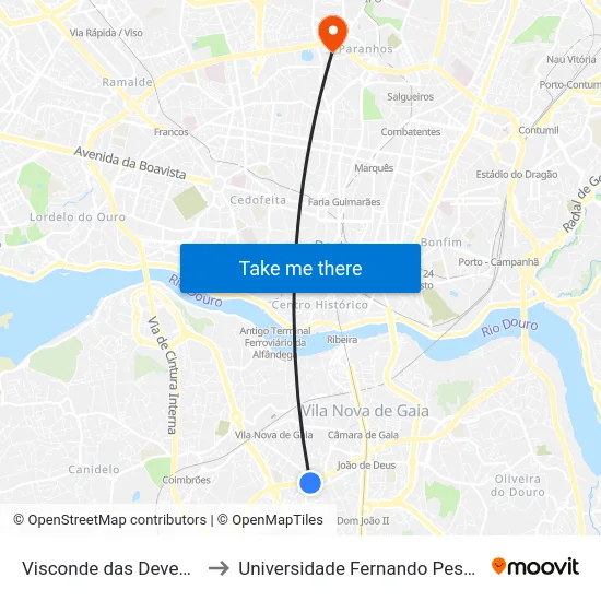 Visconde das Devesas to Universidade Fernando Pessoa map