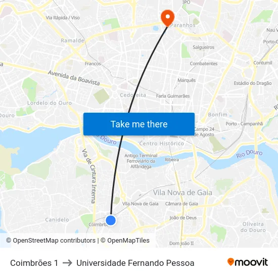 Coimbrões 1 to Universidade Fernando Pessoa map