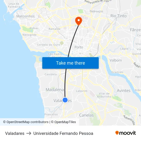 Valadares to Universidade Fernando Pessoa map