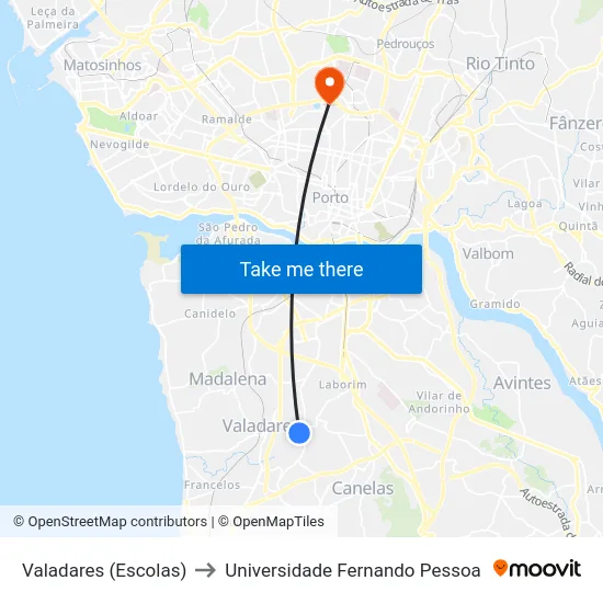 Valadares (Escolas) to Universidade Fernando Pessoa map