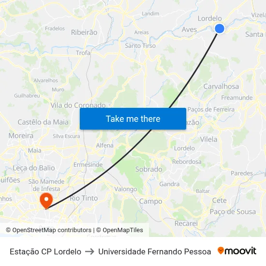 Estação CP Lordelo to Universidade Fernando Pessoa map