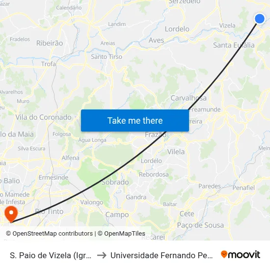 S. Paio de Vizela (Igreja) to Universidade Fernando Pessoa map