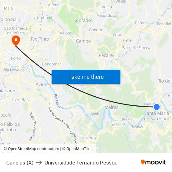 Canelas (X) to Universidade Fernando Pessoa map