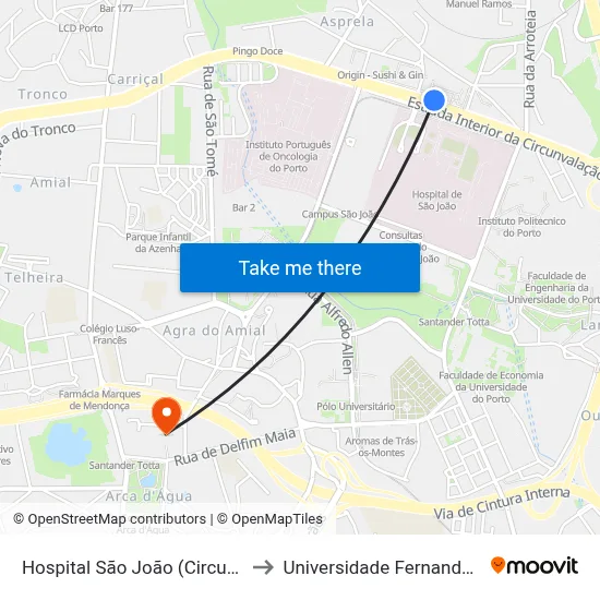 Hospital São João (Circunvalação) to Universidade Fernando Pessoa map