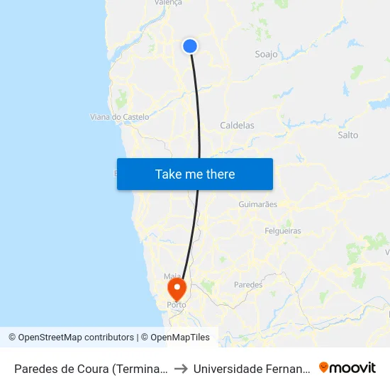 Paredes de Coura (Terminal Rodoviário) to Universidade Fernando Pessoa map