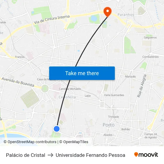 Palácio de Cristal to Universidade Fernando Pessoa map