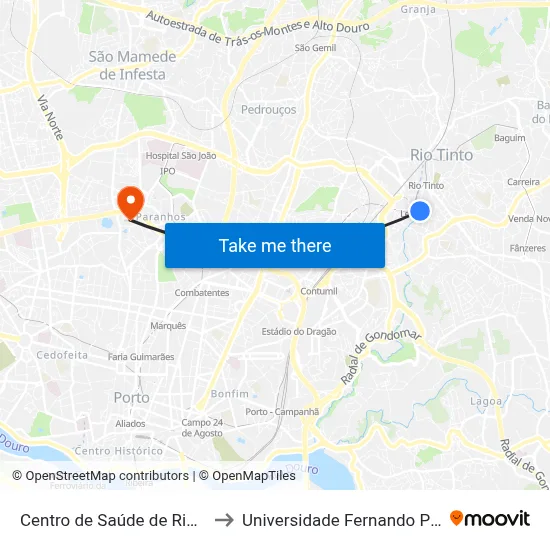 Centro de Saúde de Rio Tinto to Universidade Fernando Pessoa map