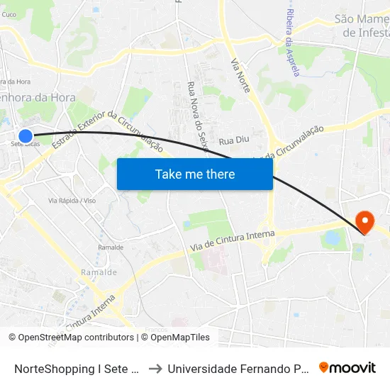 NorteShopping I Sete Bicas to Universidade Fernando Pessoa map