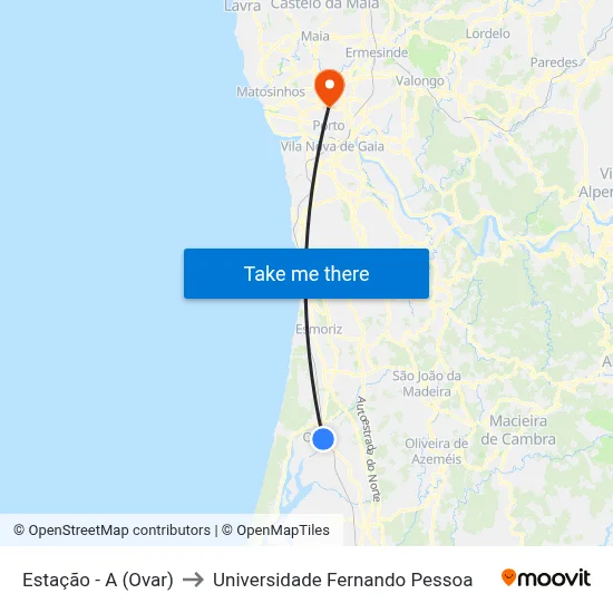 Estação - A (Ovar) to Universidade Fernando Pessoa map