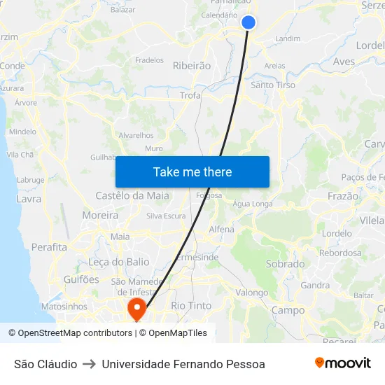 São Cláudio to Universidade Fernando Pessoa map