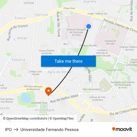 IPO to Universidade Fernando Pessoa map