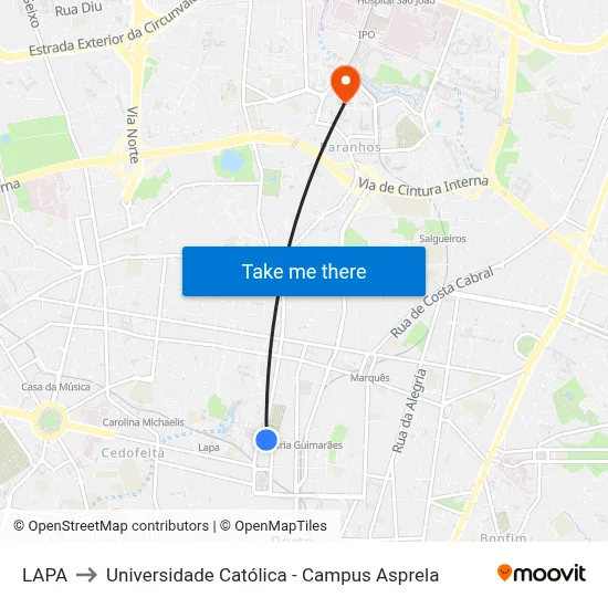 LAPA to Universidade Católica - Campus Asprela map