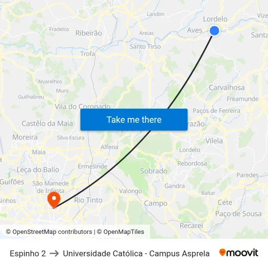 Espinho 2 to Universidade Católica - Campus Asprela map