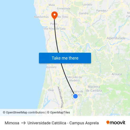 Mimosa to Universidade Católica - Campus Asprela map
