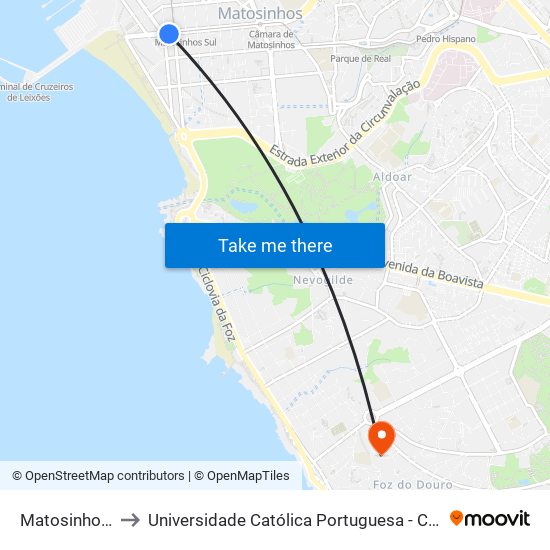 Matosinhos (Praia) to Universidade Católica Portuguesa - Centro Regional do Porto map
