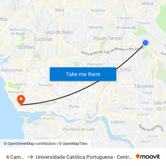 4 Caminhos to Universidade Católica Portuguesa - Centro Regional do Porto map