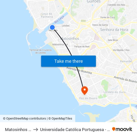 Matosinhos (Mercado) to Universidade Católica Portuguesa - Centro Regional do Porto map