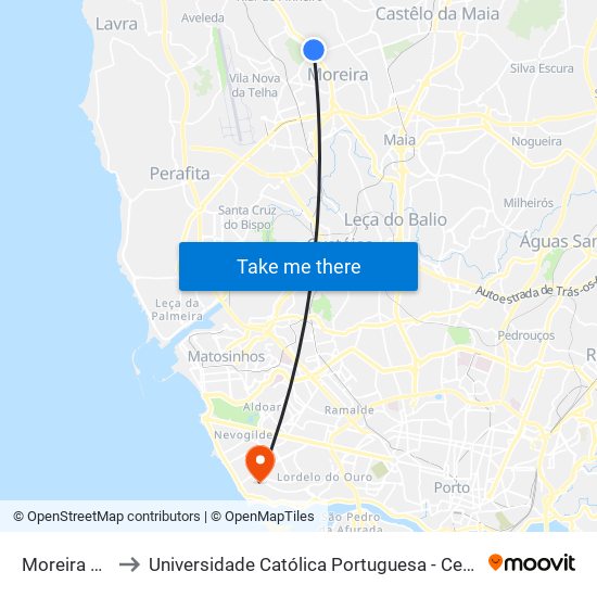 Moreira da Maia to Universidade Católica Portuguesa - Centro Regional do Porto map