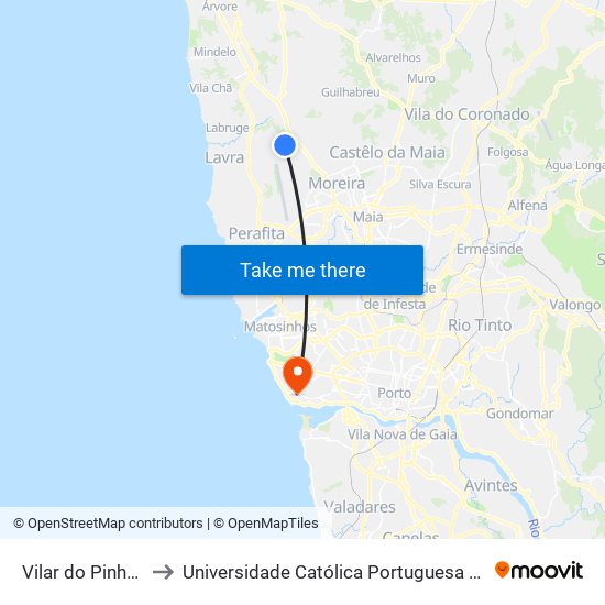 Vilar do Pinheiro (Metro) to Universidade Católica Portuguesa - Centro Regional do Porto map