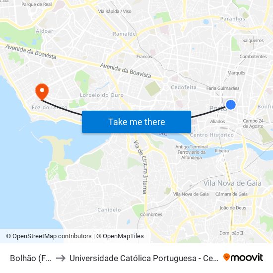 Bolhão (Firmeza) to Universidade Católica Portuguesa - Centro Regional do Porto map
