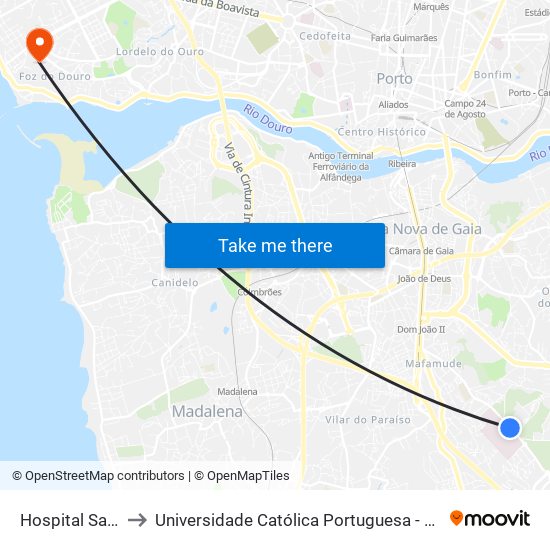 Hospital Santos Silva to Universidade Católica Portuguesa - Centro Regional do Porto map