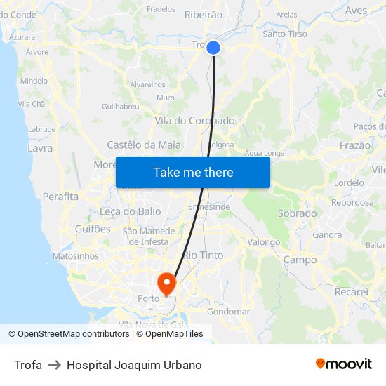 Trofa to Hospital Joaquim Urbano map