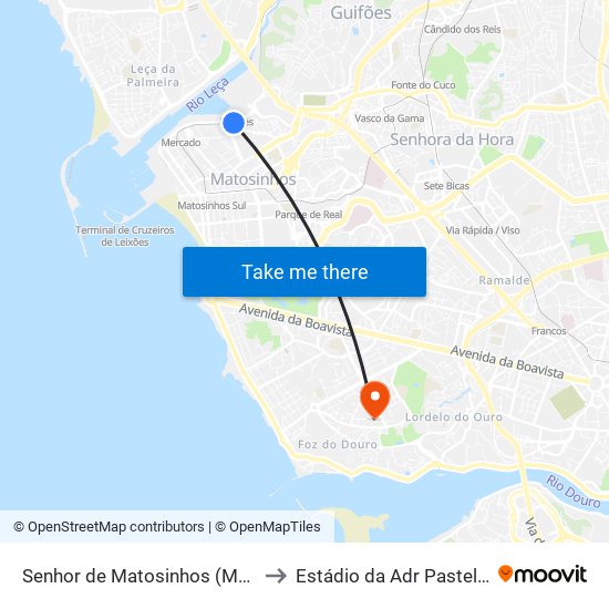Senhor de Matosinhos (Metro) to Estádio da Adr Pasteleira map