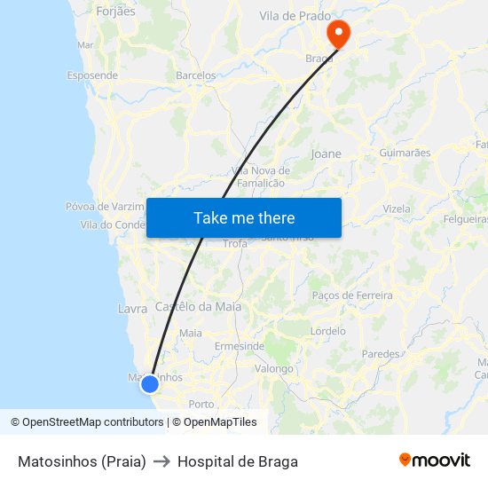 Matosinhos (Praia) to Hospital de Braga map
