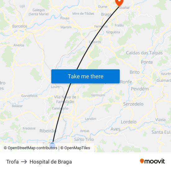 Trofa to Hospital de Braga map