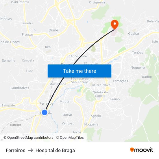 Ferreiros to Hospital de Braga map