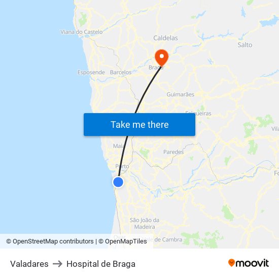Valadares to Hospital de Braga map