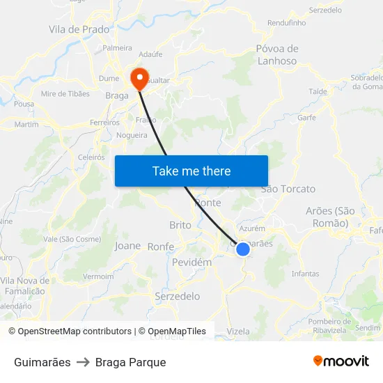 Guimarães to Braga Parque map