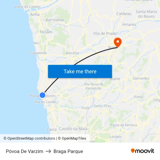 Póvoa De Varzim to Braga Parque map