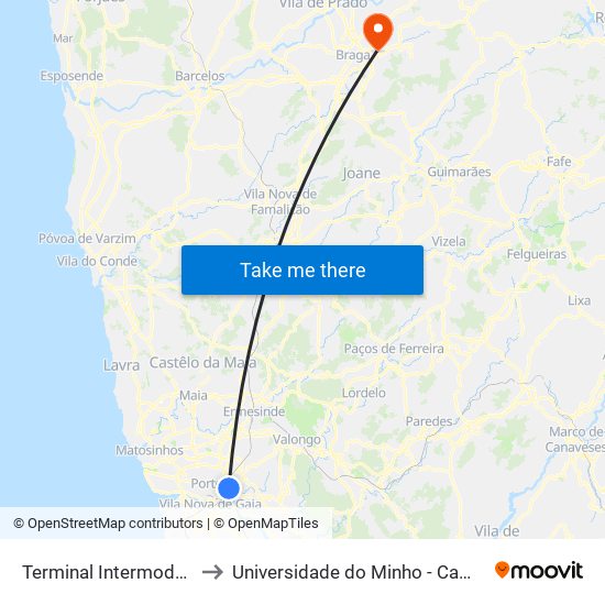 Terminal Intermodal de Campanhã to Universidade do Minho - Campus de Gualtar / Braga map