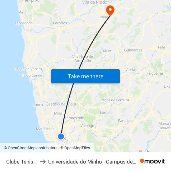 Clube Ténis Porto to Universidade do Minho - Campus de Gualtar / Braga map