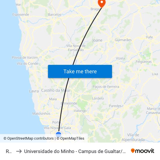 RTP to Universidade do Minho - Campus de Gualtar / Braga map