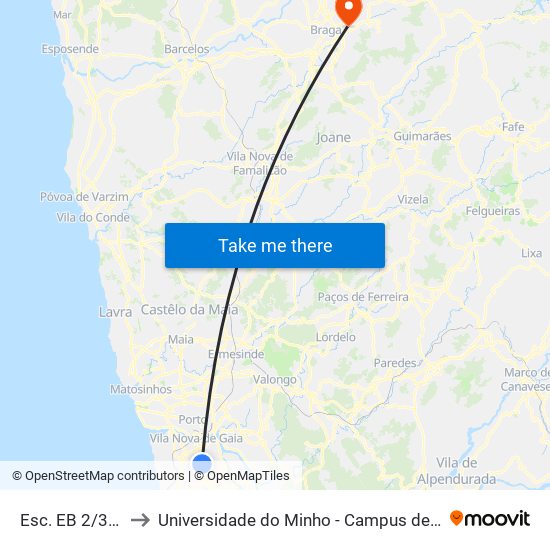 Esc. EB 2/3 Soares dos Reis to Universidade do Minho - Campus de Gualtar / Braga map
